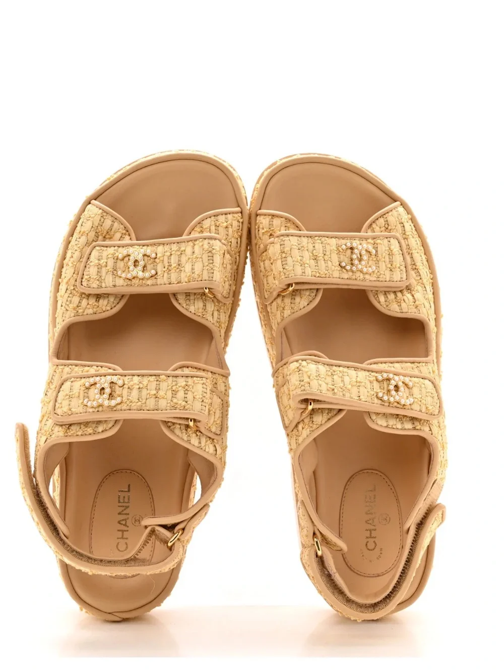 Chanel Authentic Raffia Pearl Velcro Dad Sandals Size 41